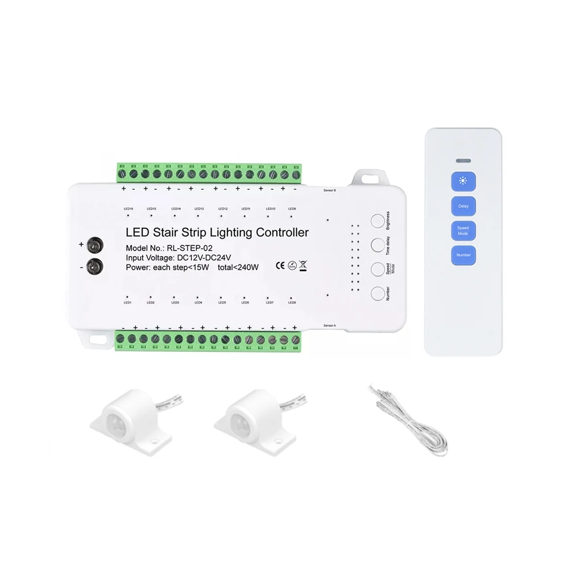 Stair LED Motion Sensor Controller DC12V 24V 16Channels Indoor PIR Night Light Dimmer for Stairs Flexible Strip(D)