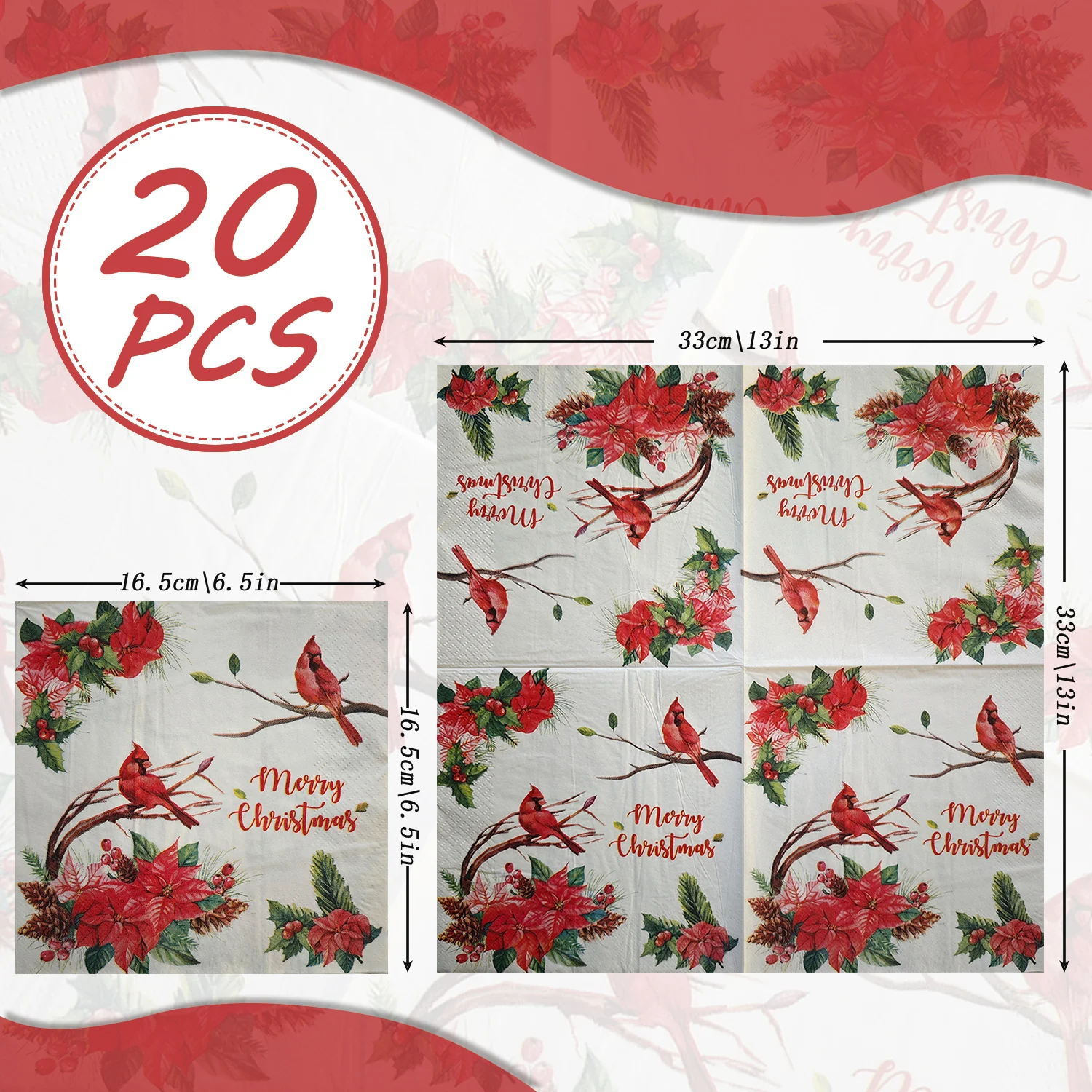 20 قطعة مناديل ورقية لعيد الميلاد الاحتفالية - تصميم طائر الكاردينال والبونسيتة وهولي التوت، مناديل ديكوباج للاستعمال مرة واحدة مقاس 33 × 33 سم