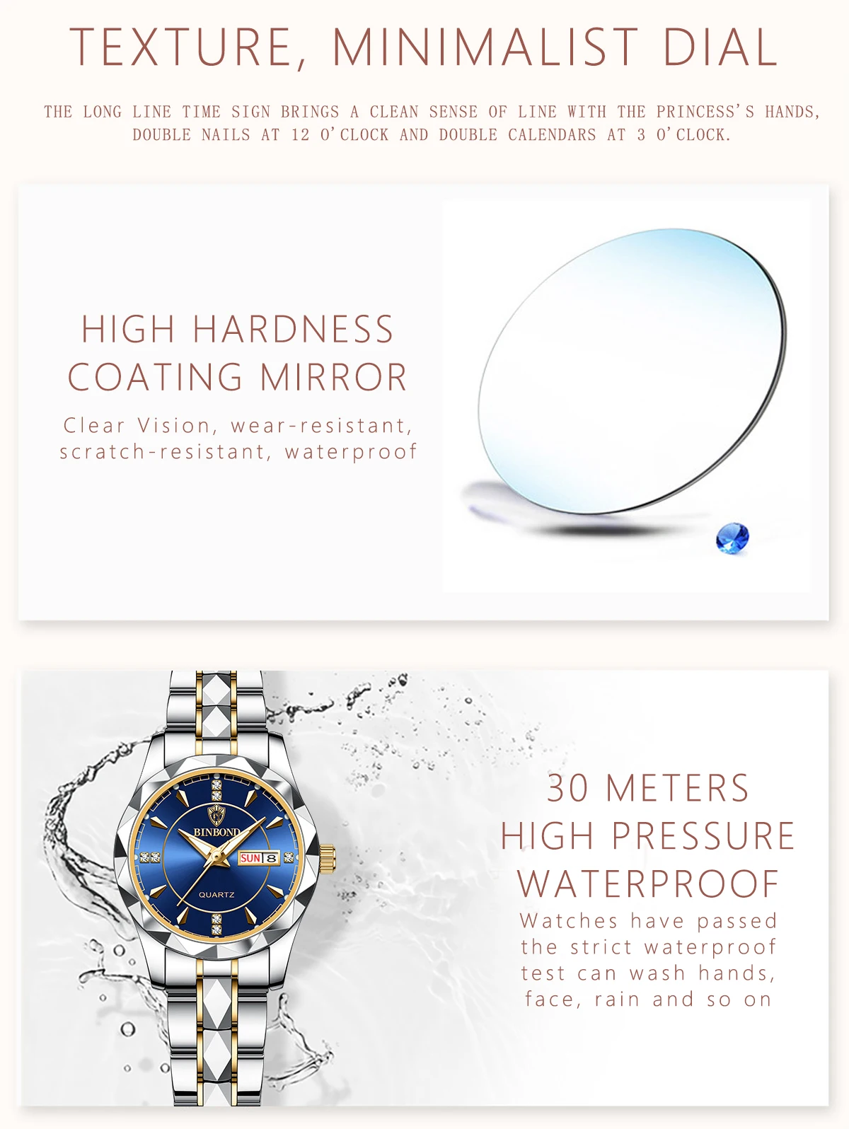 BINBOND Luxus-Quarz-Armbanduhren für Damen, leuchtend, wasserdicht, Wochenanzeige, automatisches Datum, Damenuhren, modisch, lässig, Reloj – Detail 12
