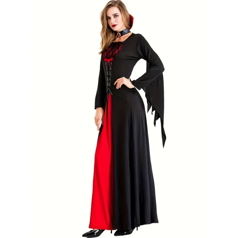زي تأثيري مصاص دماء للنساء ، فستان القرون الوسطى ، الدانتيل متابعة ، Twinset فو ، أكمام طويلة ، حفلة كرنفال هالوين