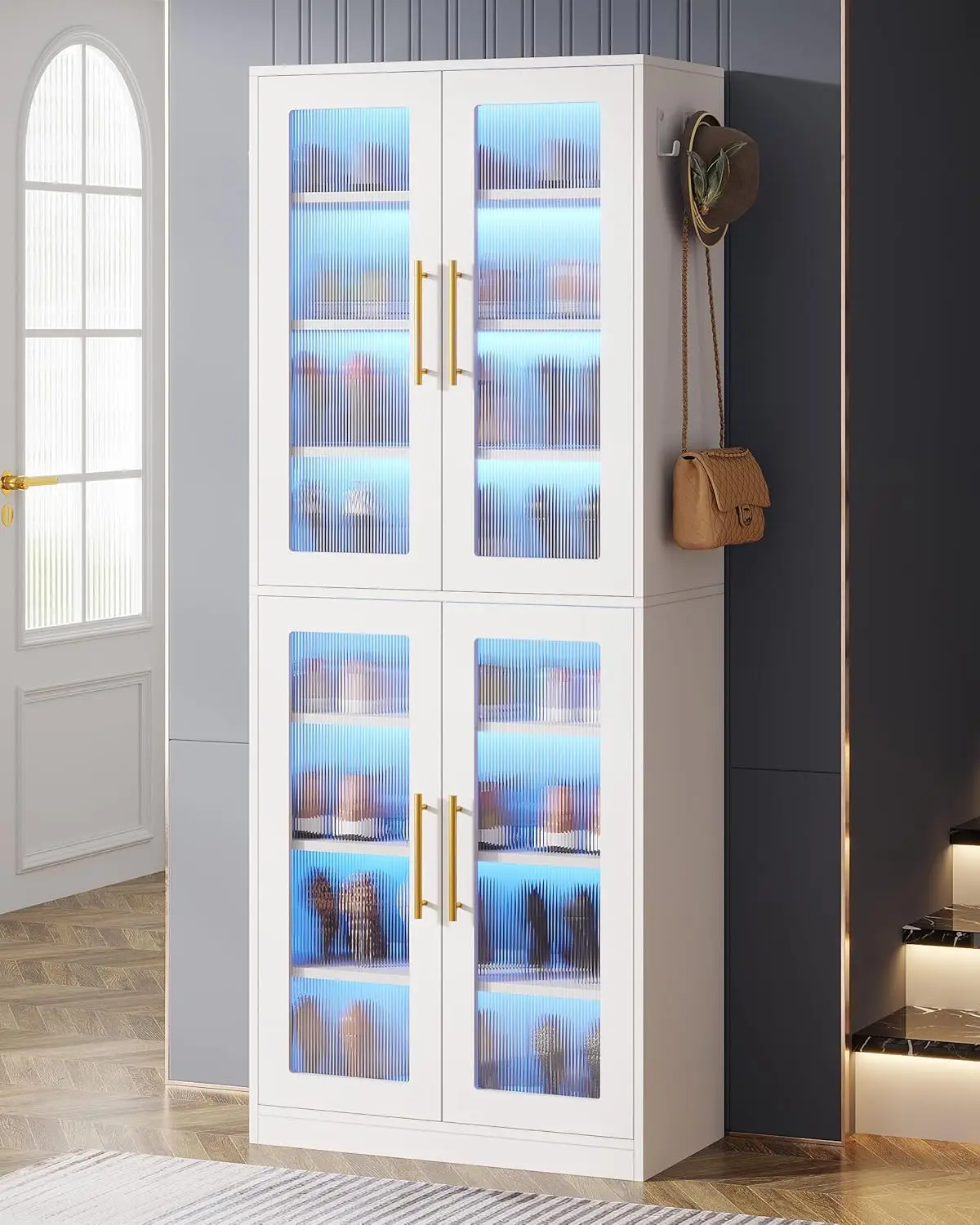 Tall Shoe Storage Cabinet with Acrylic Doors and LED Lights, 8-Tier Entryway Shoe Organizer Rack with Adjustable Shelves