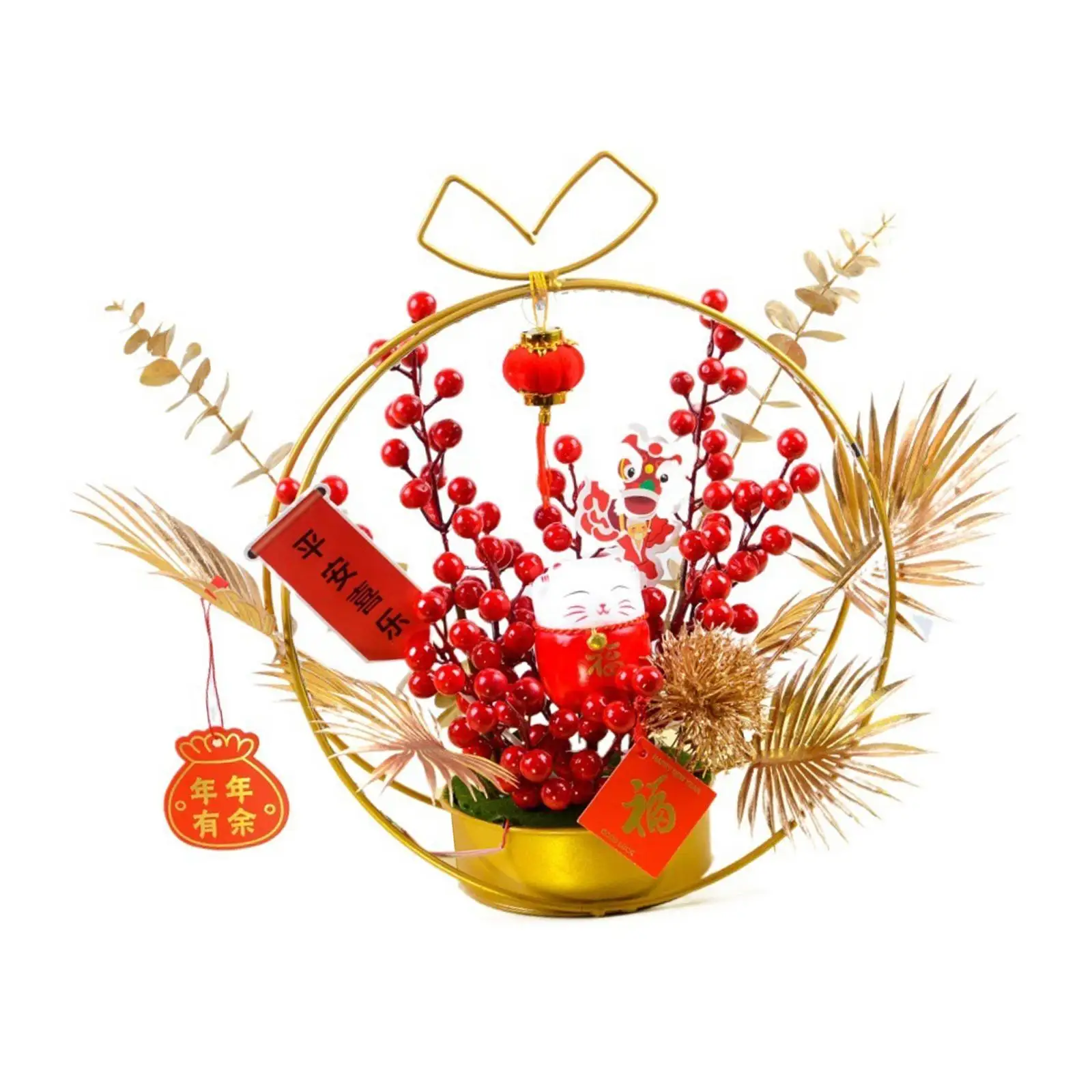 中国の旧正月飾り、ライト付き人工鉢植えの花、祝祭用