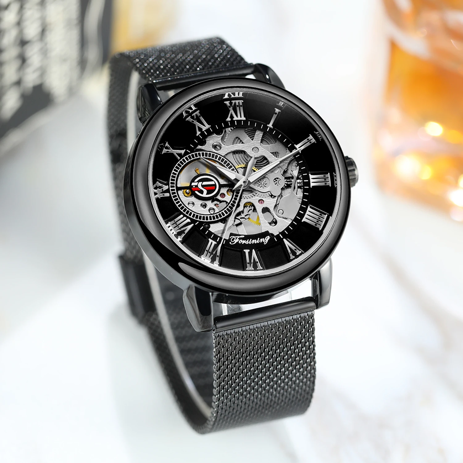 Forsining Classic Gold Mechanical Watch Retro Transparent Skeleton Mens Watches Top Brand Luxury Mesh Stainless Steel Strap Glow