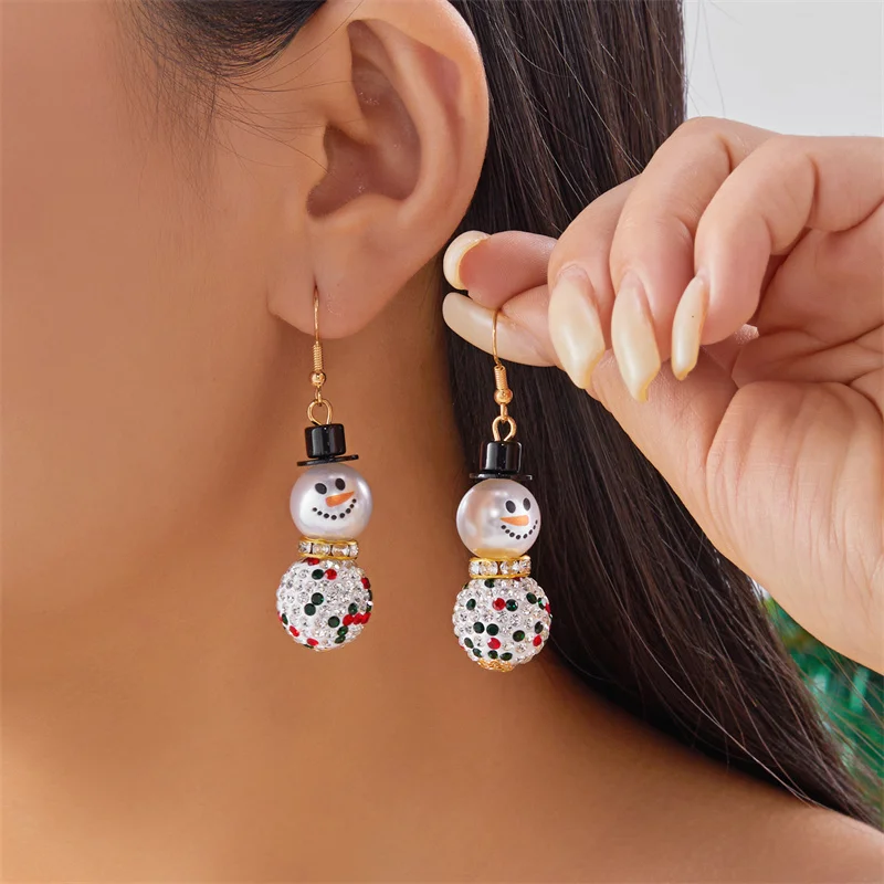 Glänzenden Strass Tragen Hut Schneemann Tropfen Ohrringe Für Frauen Kristall Zirkon Imitation Perle Ohrring Party Neue Jahr Schmuck Geschenke