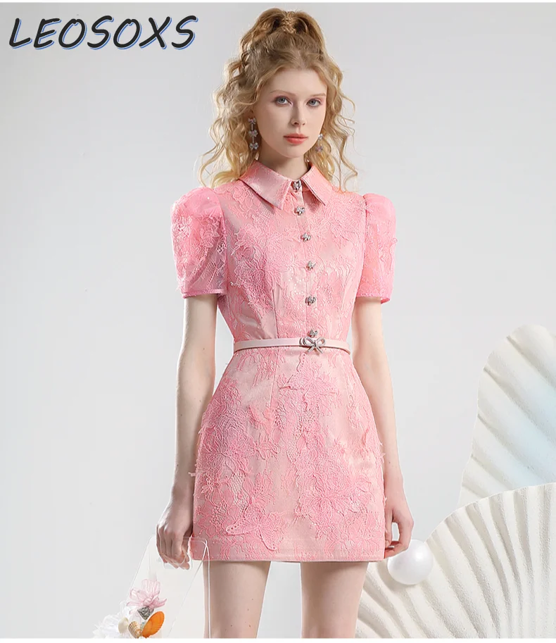 

LEOSOXS Romantic Gentle Lace Dress 2024 Women's Pink Shirt Collar Younger Commuter Date Dresses Summer Dress Mini Dresses