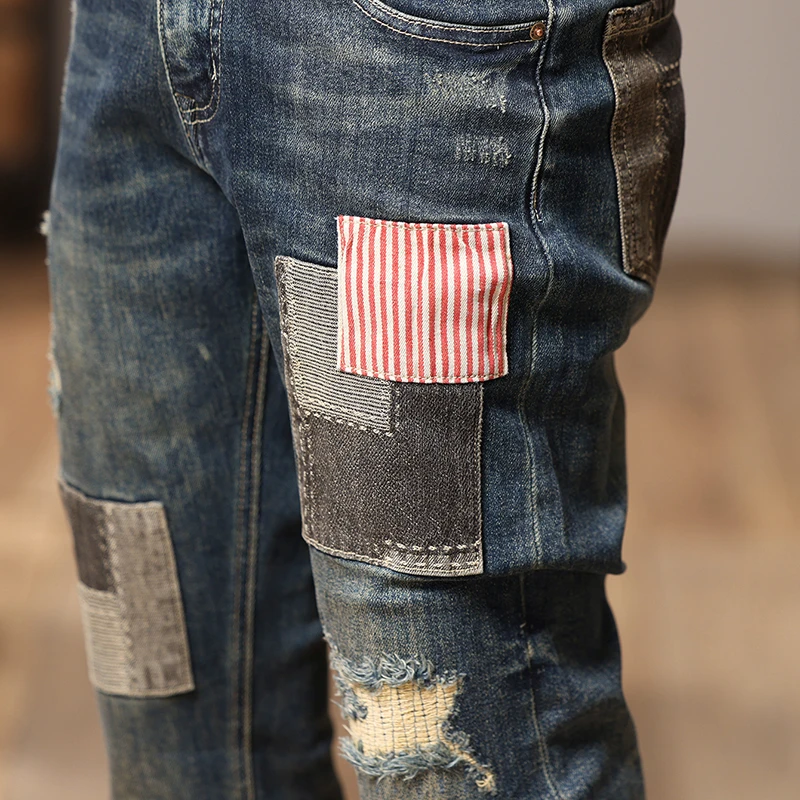 Fashion Streetwear Men Jeans Retro Washed Blue Stretch Skinny Fit Ripped Jeans Men Patched Designer Hip Hop Denim Pencil Pants