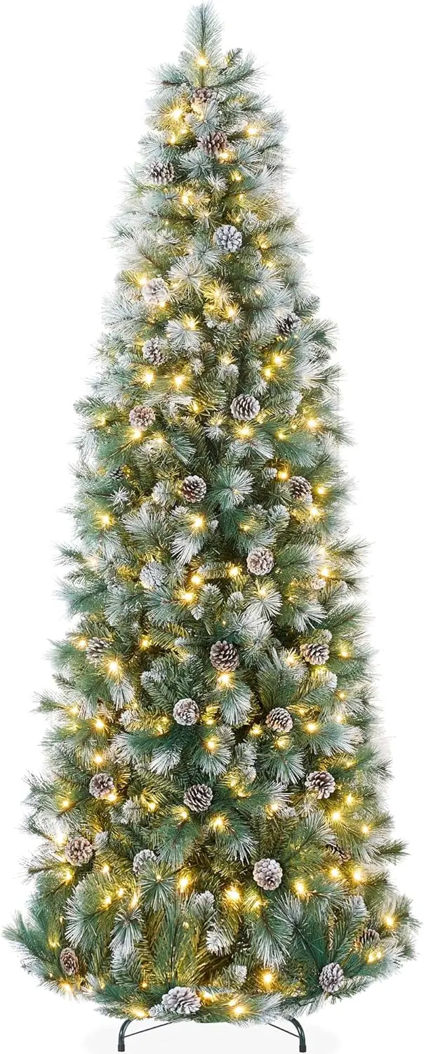 

7.5ft Pre-lit Pencil Christmas Tree, Frosted Scotch Pine Slim Decoration, Skinny Xmas Tree w/White & Multicolor LED L
