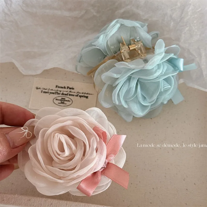 

Blue Fabric Rose Flower Hair Claw Women Girls Sweet Ponytail Holder Hair Clamps Fashion Double Side Floral Headwear Shark Clip