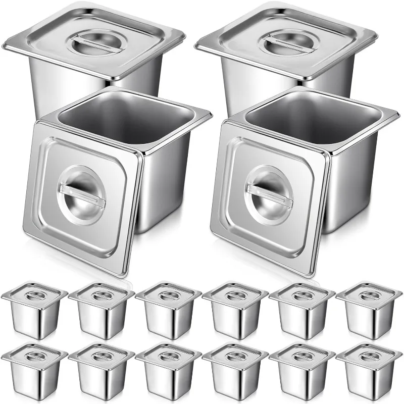 

16 Pack 6 Inch Deep Stainless Steel Pans with Lid Tongs, Spoons 1/6 Stainless Steel Pans Catering Food Containers for Com