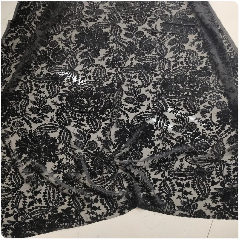 Elegant Black Silk Velvet Fabric Hollowed Cotton