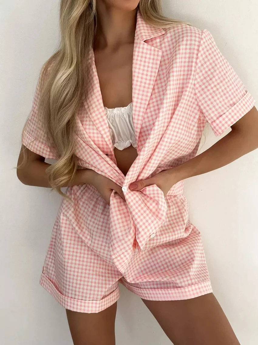 Marthaqiqi Plaid Women'S Sleepwear Set Short Sleeve Nightgowns Sexy Turn-Down Collar Nightwear Shorts Casual Home Clothes Ladies