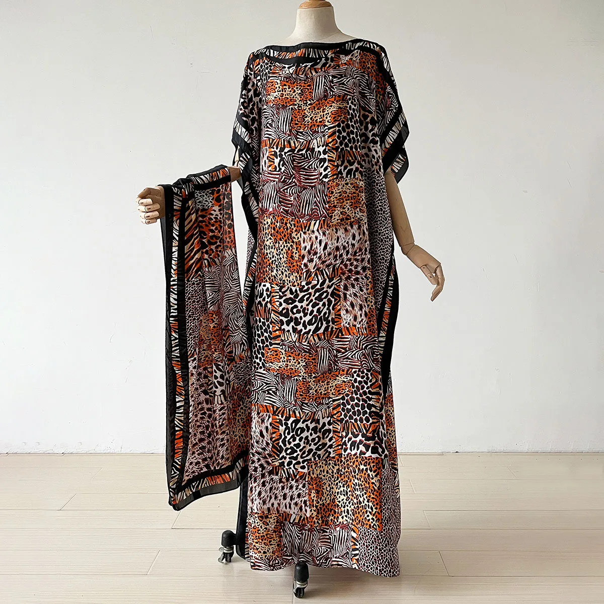 Lady Summer Leopard Print Dress Elegant Dress Holiday Beach Cover Up Maxi Kaftan Abaya Dubai Party Dresses Boho Robe Turban Suit