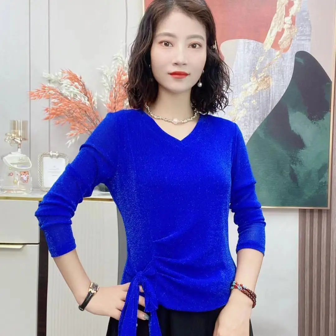 New Bright Silk Mesh T-shirt Women's Long Sleeved Bottoming Shirt Spring Autumn Bow Waistband V-neck Pullovers Top