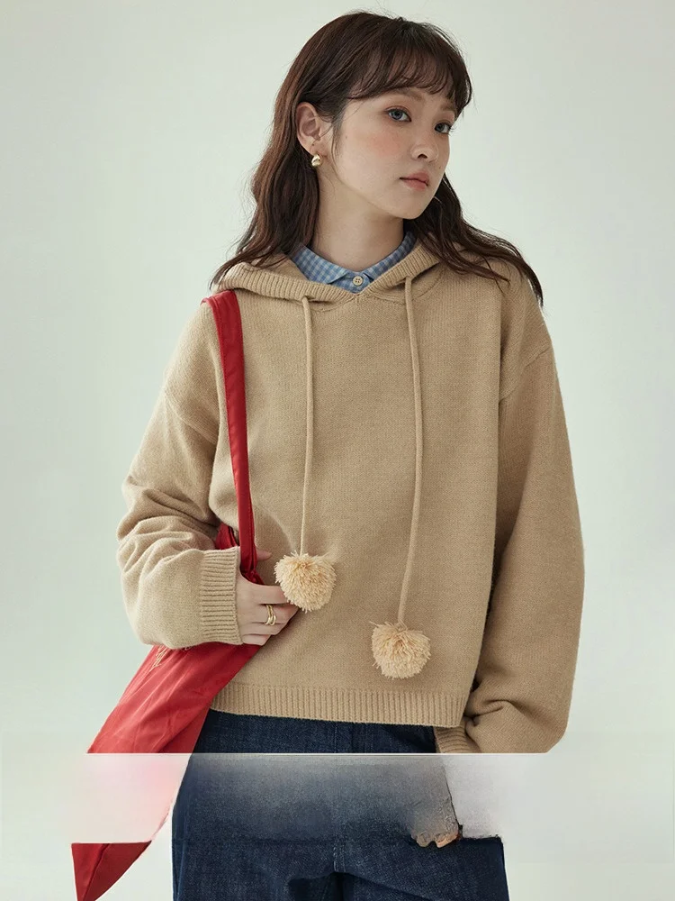 

Милая длинная шерстяная шапка све, свитшот, женский новый осенний однотонный вязаный пуловер с капюшоном и шнурком, топ от AMUU