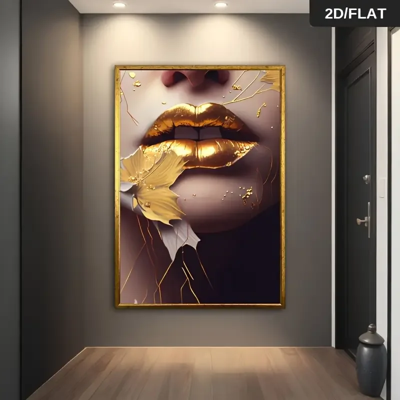 Frameless modern abstract gold lips art decorative painting, suitable for home decoration, living room bedroom, office decor