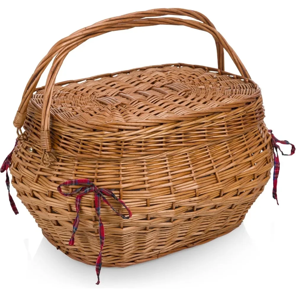 Highlander Deluxe Wicker Picnic Basket for 4 - Red & Blue Tartan with Blanket & Wine Bag