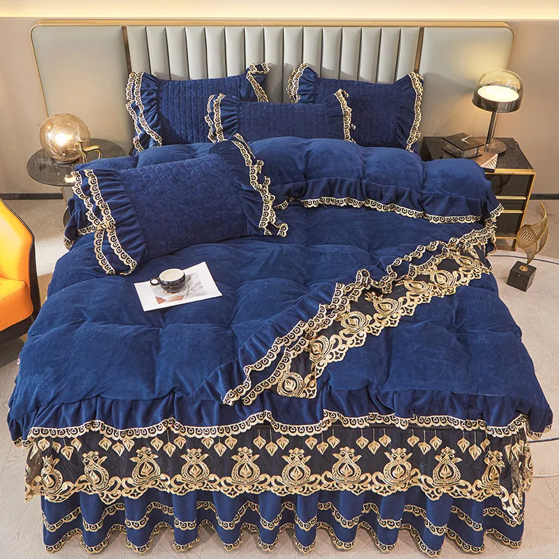 Crystal Velvet Bedding Set, Duvet Cover, Gold Lace Ruffles with Zipper, Removable Bed Skirt, Mattress Cover, Pillowcase, Luxury