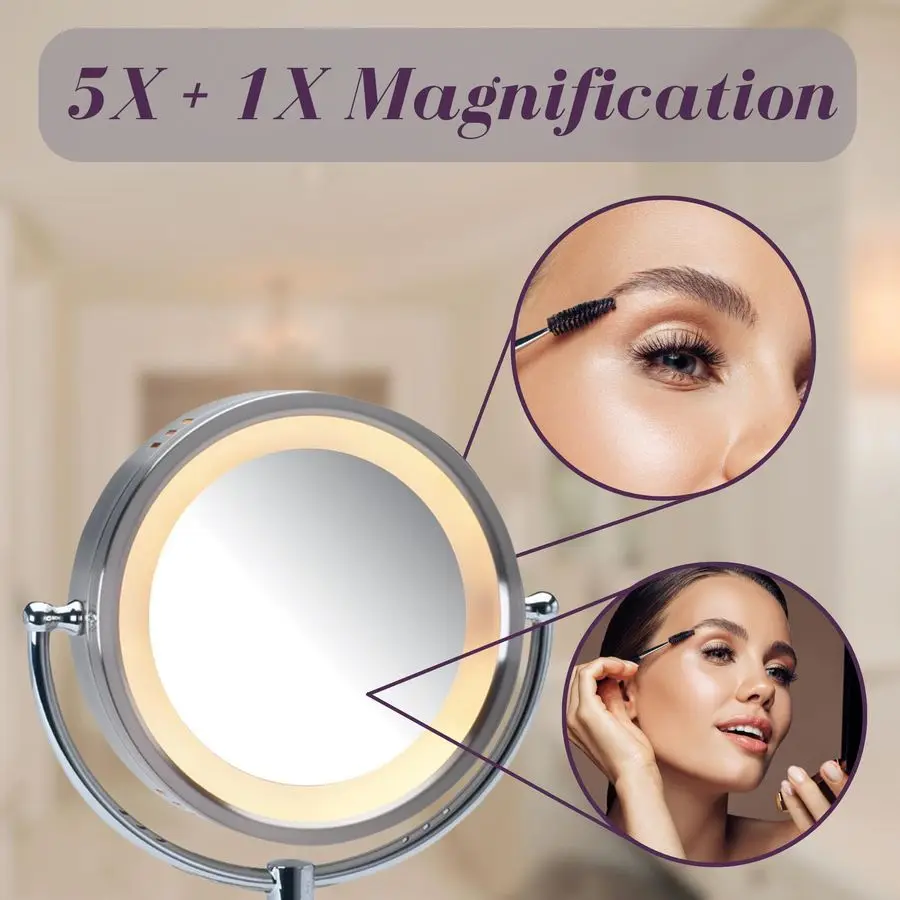 Espelho de maquiagem de mesa iluminado Espelho de vaidade iluminado por LED com ampliação 1X e 5X em acabamento em níquel Modelo HL745NC