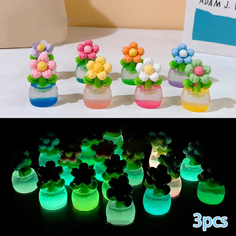 3pcs Luminous Flower Pots Fairy Garden Micro Landscape Ornament Glowing In Dark Miniature Diy Flower Potted Decor Car Ornaments