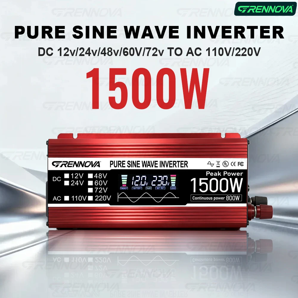 

Pure Sine Wave Inverter 12/24/48/60/72V to 110V 60Hz 220V 50Hz 1500W Peak | 800W Continuous for Small Appliances & Camping Use