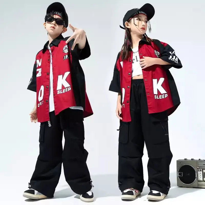 Fashion Jazz Dance Costume Girls Short Sleeves Baseball Jacket Pants Boys Hip Hop Performance Clothes Group Stage Wear BL11400