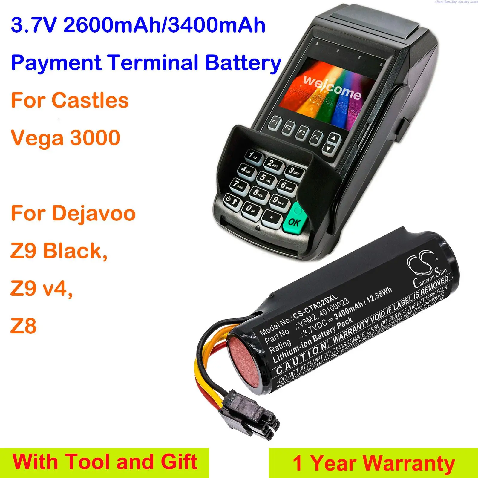 2600mAh/3400mAh Payment Terminal Battery V3M2 for Castles Vega 3000, For Dejavoo Z9 Black, Z9 v4, Z8