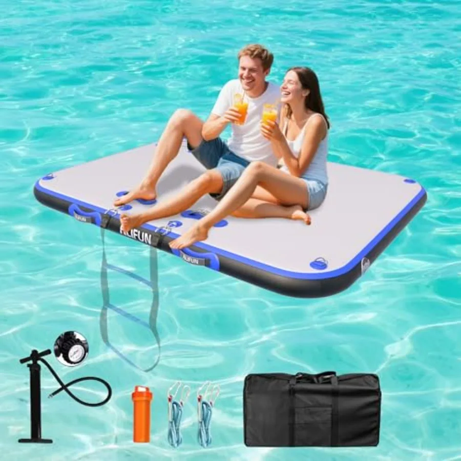 

Inflatable Floating Dock 6 Inches Thick with Non-Slip Surface for Pool Beach Ocean Lake Safety Ropes Quickdry Mesh Blue
