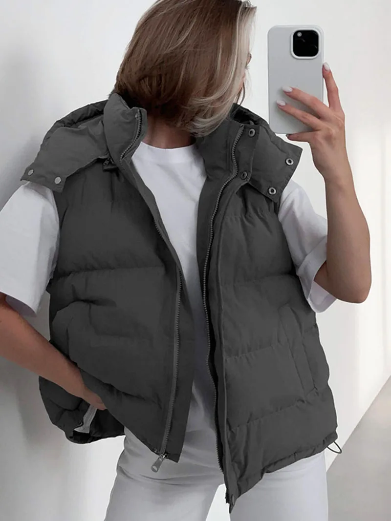 Hooded Padded Vest for Women Autumn Winter Commuter Loose Sleeveless Jacket Black Casual Warm Zipper Cotton Waistcoat