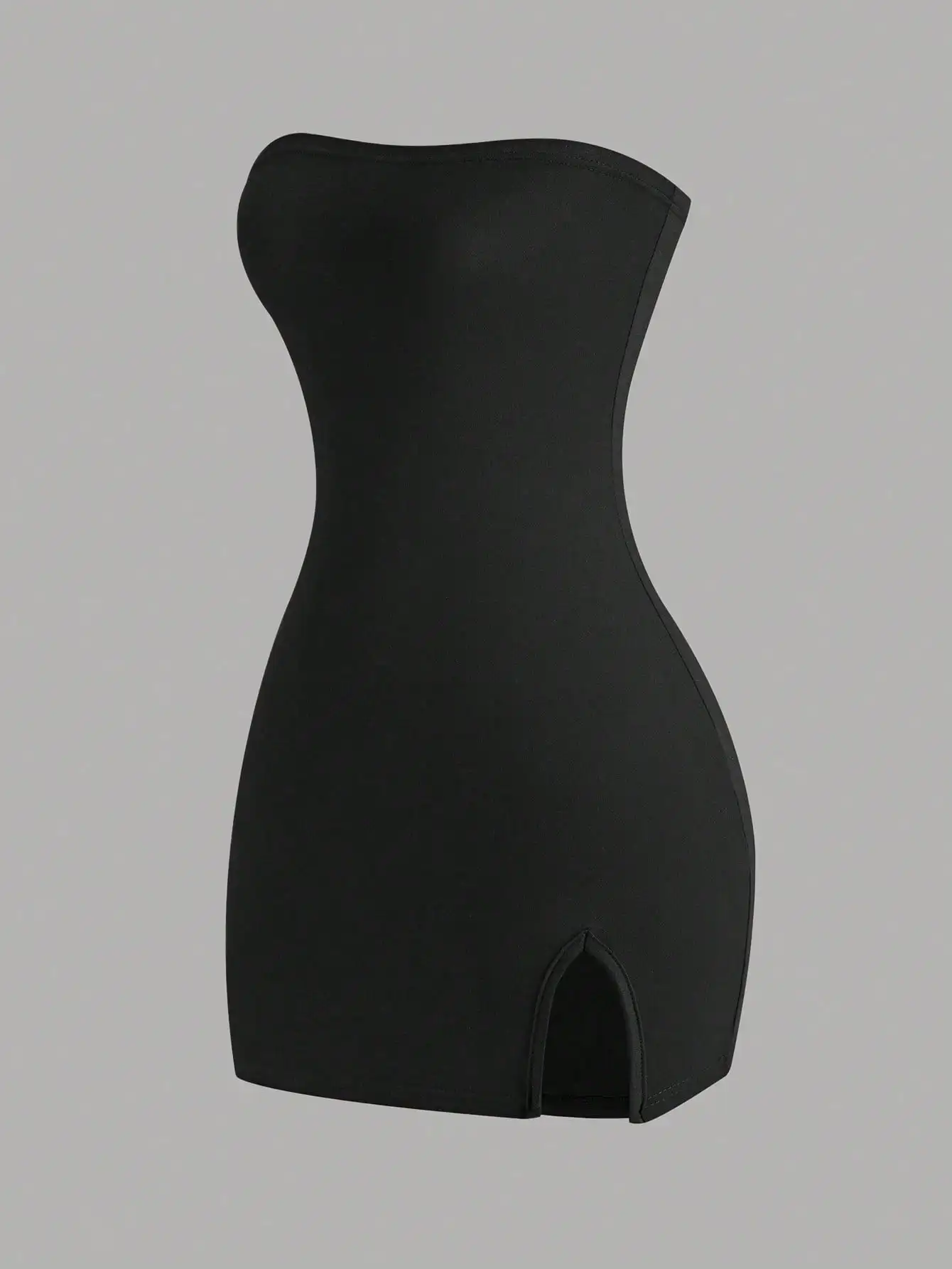 

Black Strapless Mini Dress with Front Slit, Bodycon Fit