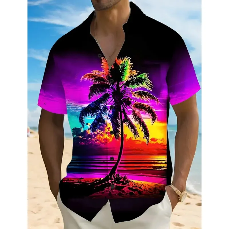 Men's fashion Hawaiian shirt 3d printed landscape tropical plant short-sleeved shirt summer casual Aloha shirt for men