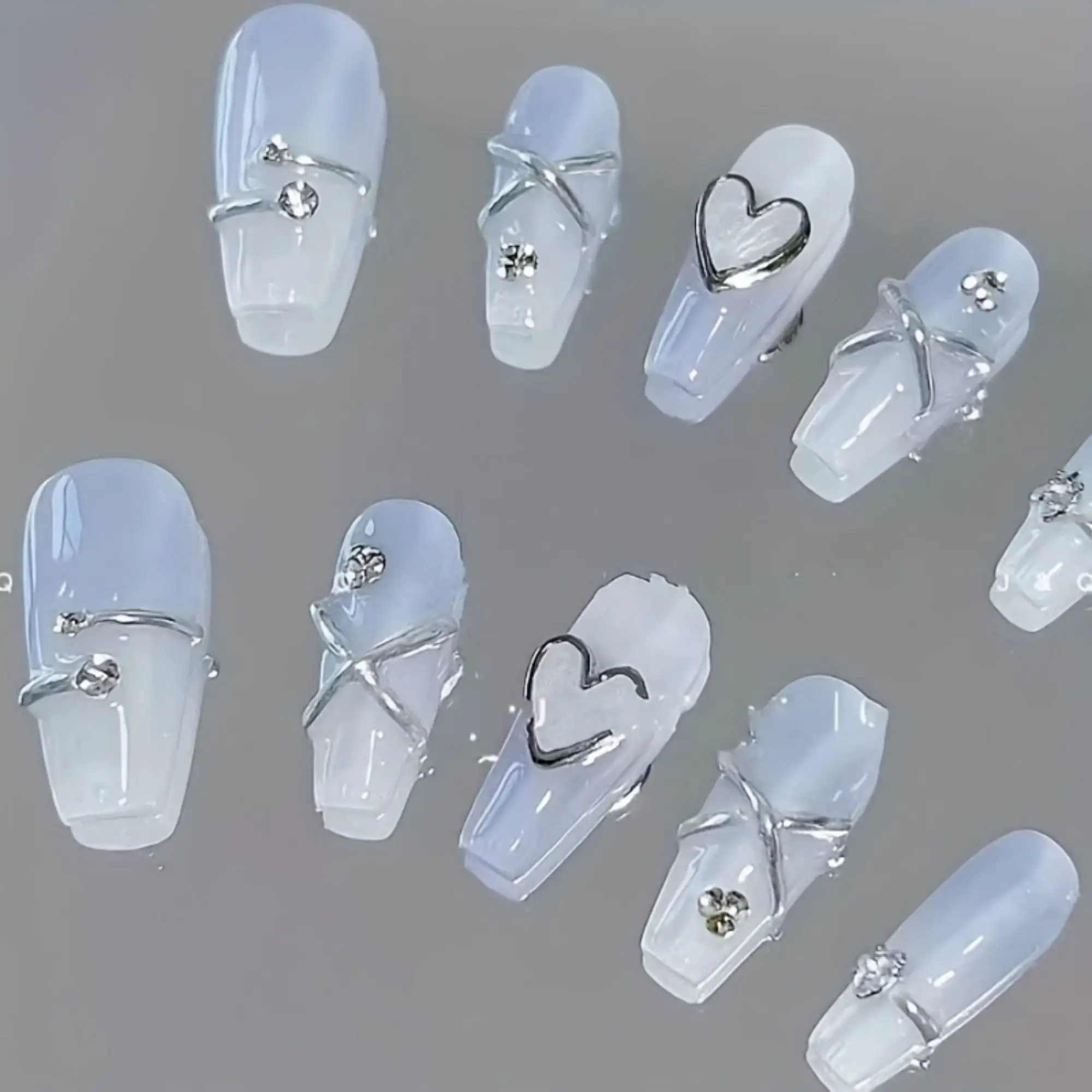 10pcs Ice Transparent Blue Fake Nails With Metal Silver Heart And Cross Design,Gloss Full Cover Bling Rhinestone Nails For Girls