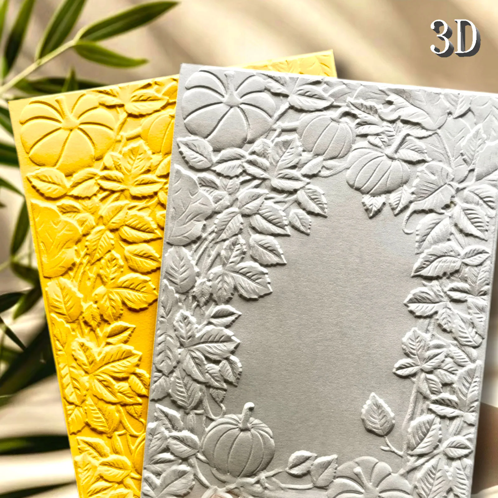 3D-geprägtes Ordner-Texturmuster-Hintergrund, DIY-Album, dekoratives Karton-Handwerkskunstprojekt für „Herbst-Kürbisblattrahmen“.