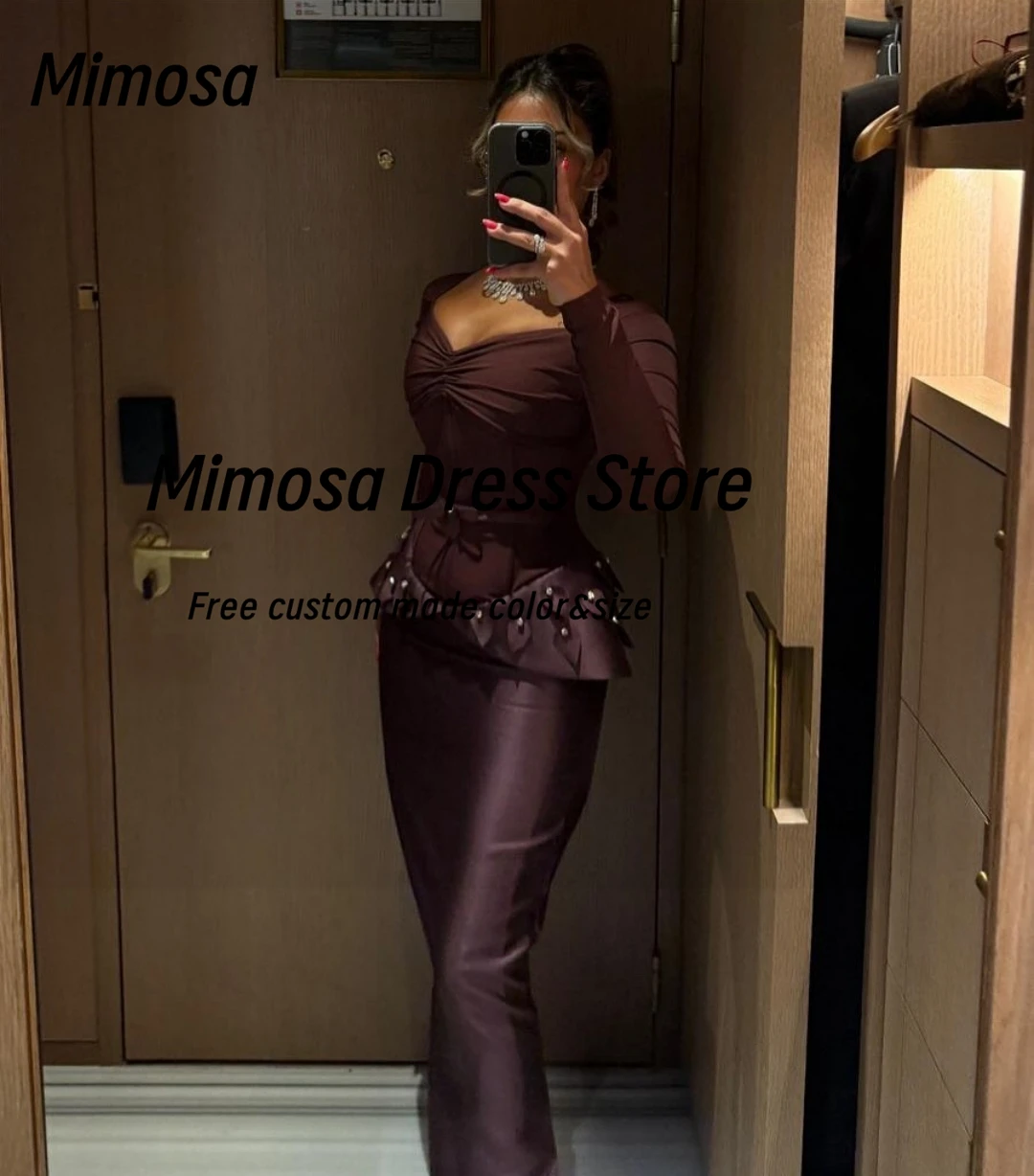 

Mimosa Square Neck Prom Dresses Beaded Petals Long Sleeves Special Party Dress Zipper Back Slit Evening Gowns Customized