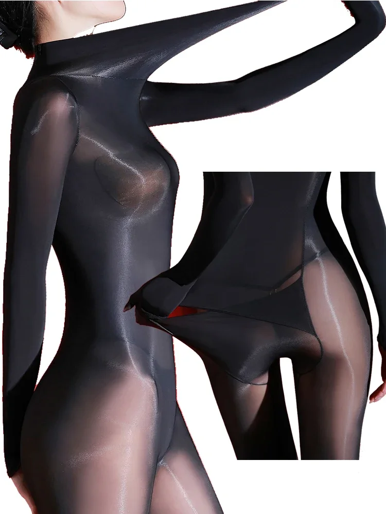 For 100KG Shiny Open Rear Nylon Catsuit Bodystocking High Collar Bodysuit Tight Leotard Conjoined Lingerie Jumpsuit Unitard Body