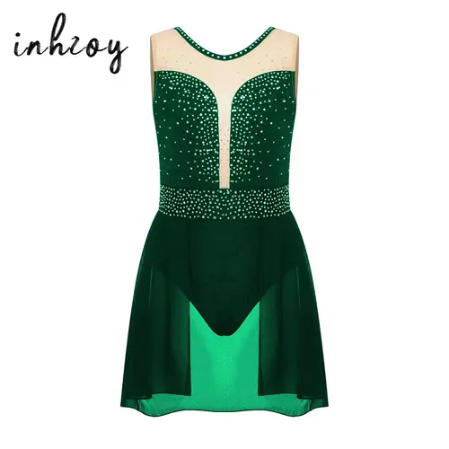 Traje de actuación de danza lírica para niñas, vestido de leotardo sin mangas con diamantes de imitación, tutú de Ballet, Ropa de baile para patinaje artístico gimnástico