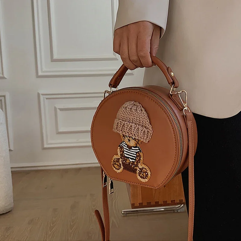 Cartoon Cute Bags for Women New Luxury Designer Handbag Bear Small Round Crossbody Bags Female Vintage Leather Shoulder Bag