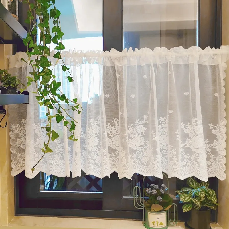 1pc Sweet Style White Tulle Curtains for Living Room BedroomLace Valance for The Window Rod Pocket Sheer Short Curtain