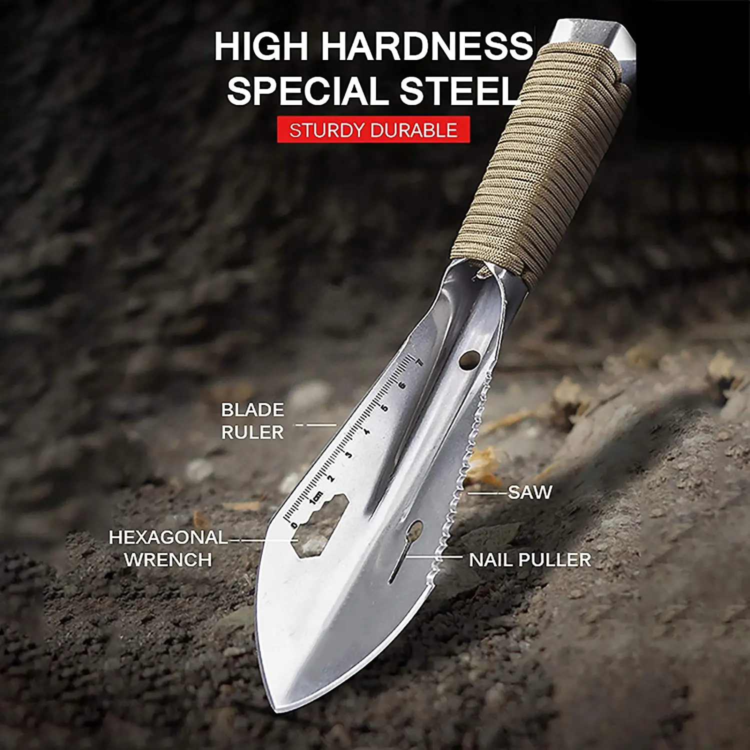 Pala da giardino in acciaio inossidabile vanga Multi Tool Weeder con dente di sega chiave esagonale righello scavare cazzuola coltello lancia giardino Bonsai