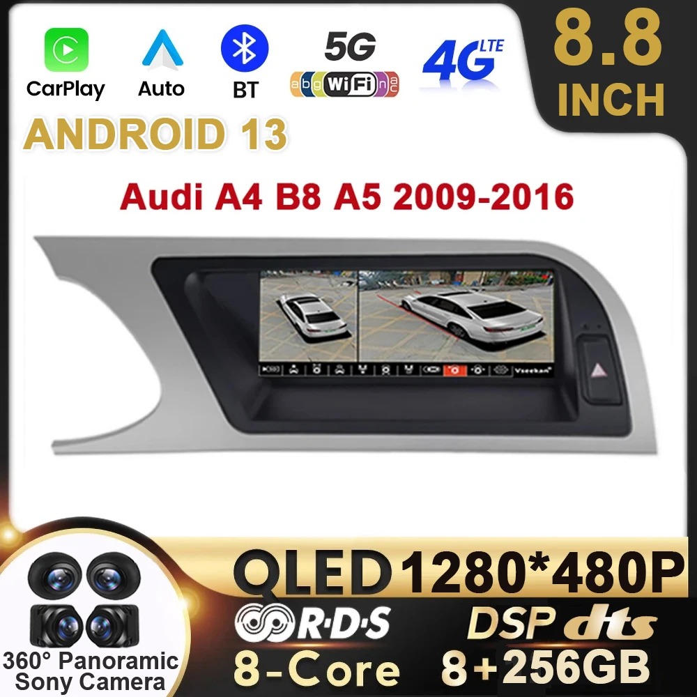 

8.8" Car Radio Carplay Player Android 13 For Audi A4 B8 A5 2009 - 2016 QLED HD AUTO Navi Stereo Multimedia Head Unit 360 Camera