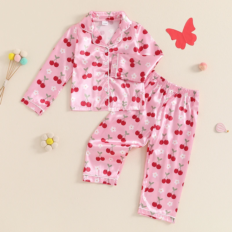 

Little Girls Fall Satin Pajama Sets Lapel Neck Button-up Tops Elastic Waist Long Pant Cherry/Butterfly Print Loungewear Set
