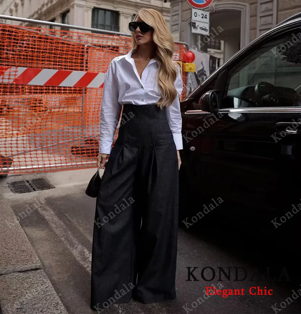 

KONDALA широкие джинсы с высокой талией, женские осенние уличные плиссированные джинсовые брюки, осень 2021, модные элегантные современные женские брюки