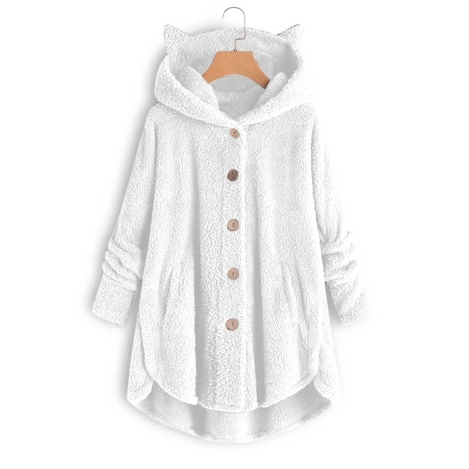 Cappotto invernale da donna con bottoni con cappuccio orecchio di gatto peluche Top irregolare giacca di colore solido di marca alla moda per le donne cappotti di piume Parka