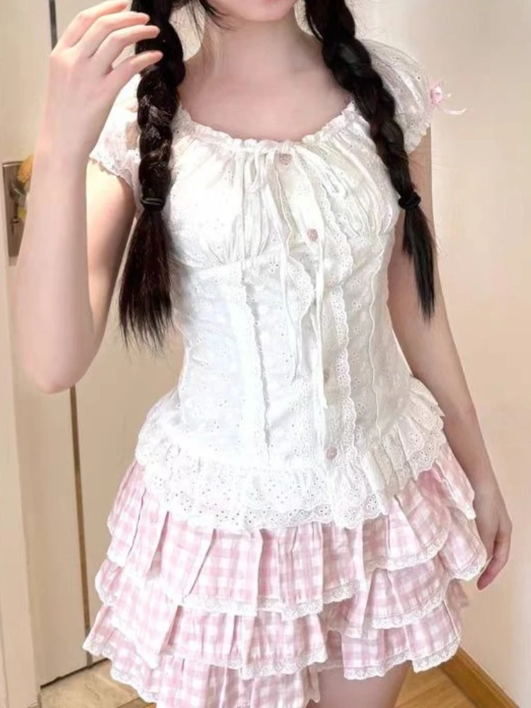 

Elegant New Design Square Neck Slim Fit 2-piece Set Women Japanese Short Sleeve Tops + High-waiste Ruffle Mini Skirt 2025 Summer