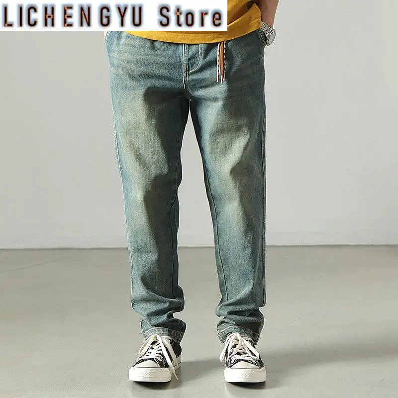 Autumn New Japanese Retro Beaded Denim Jeans Men's 99% Cotton Washed Old Elastic Waist Drawstring Straight Tapered Pants