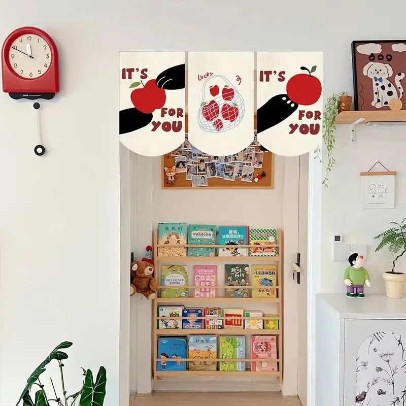 VIKAMA Cartoon Cat Fruit Triangle Hanging Curtain Minimalist Cream Color Bunting for Kitchen Room Divider Decor