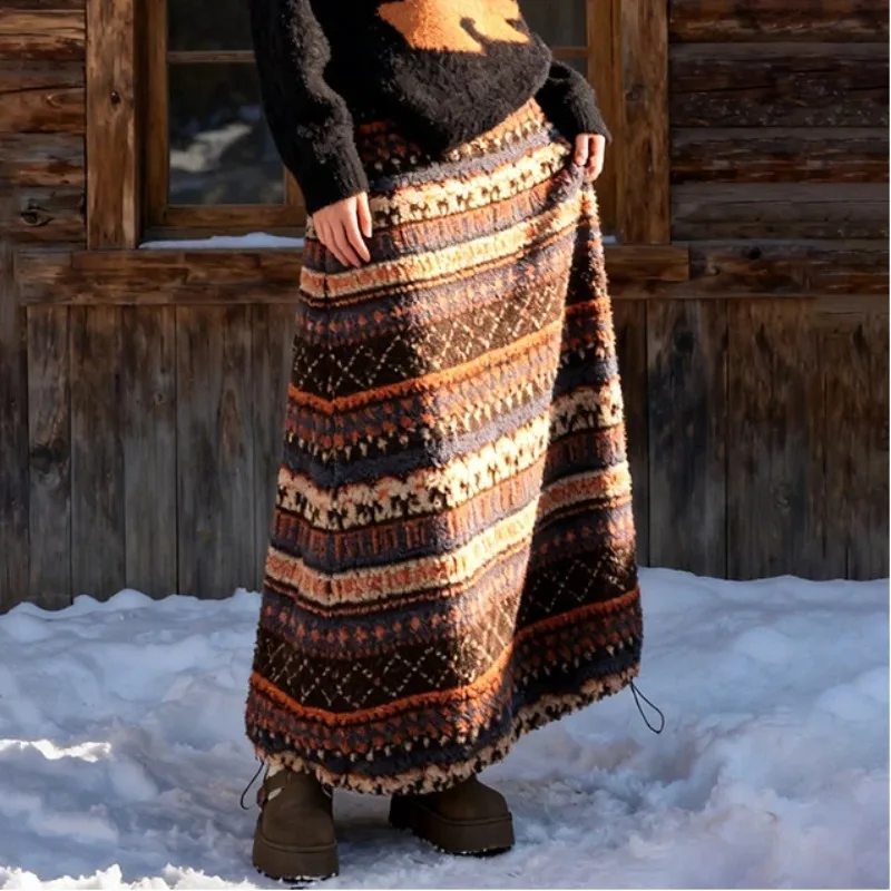 

Women's Autumn Winter Fair Isle Fleece Midi Skirt High Waisted Drawstring Hem Two Way Wear Lantern Skirt