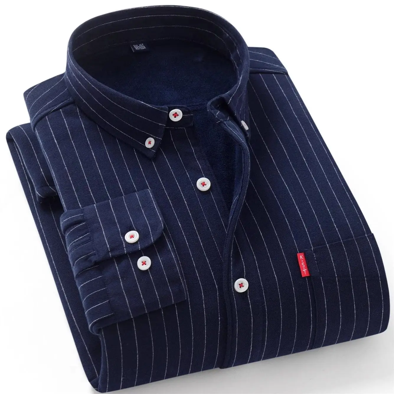 Men's Long Sleeve Fleece Lined Casual Shirt Stripe Pattern Vintage Washed Denim Outerwear Dad Clothes Regular Fit Korean Style