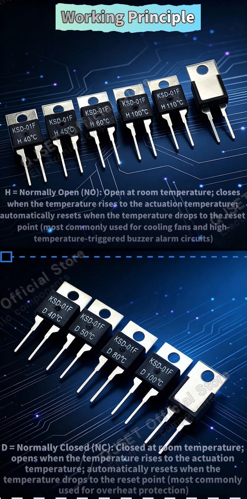 40 50 60 70 80 90 100 GradC NC Normalerweise Geschlossen NO Normalerweise Offen 1,5A Thermoschalter Temperatursensor Thermostat KSD-01F JUC-31F – Detail 3