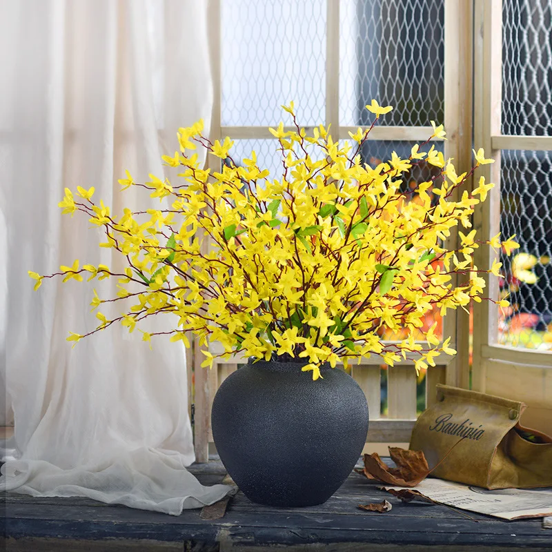 7 Forks Artificial Flowers Yellow Silk Fake Winter Jasmine Faux Orchids Flowers Forsythia Branches for Spring Home Wedding Decor