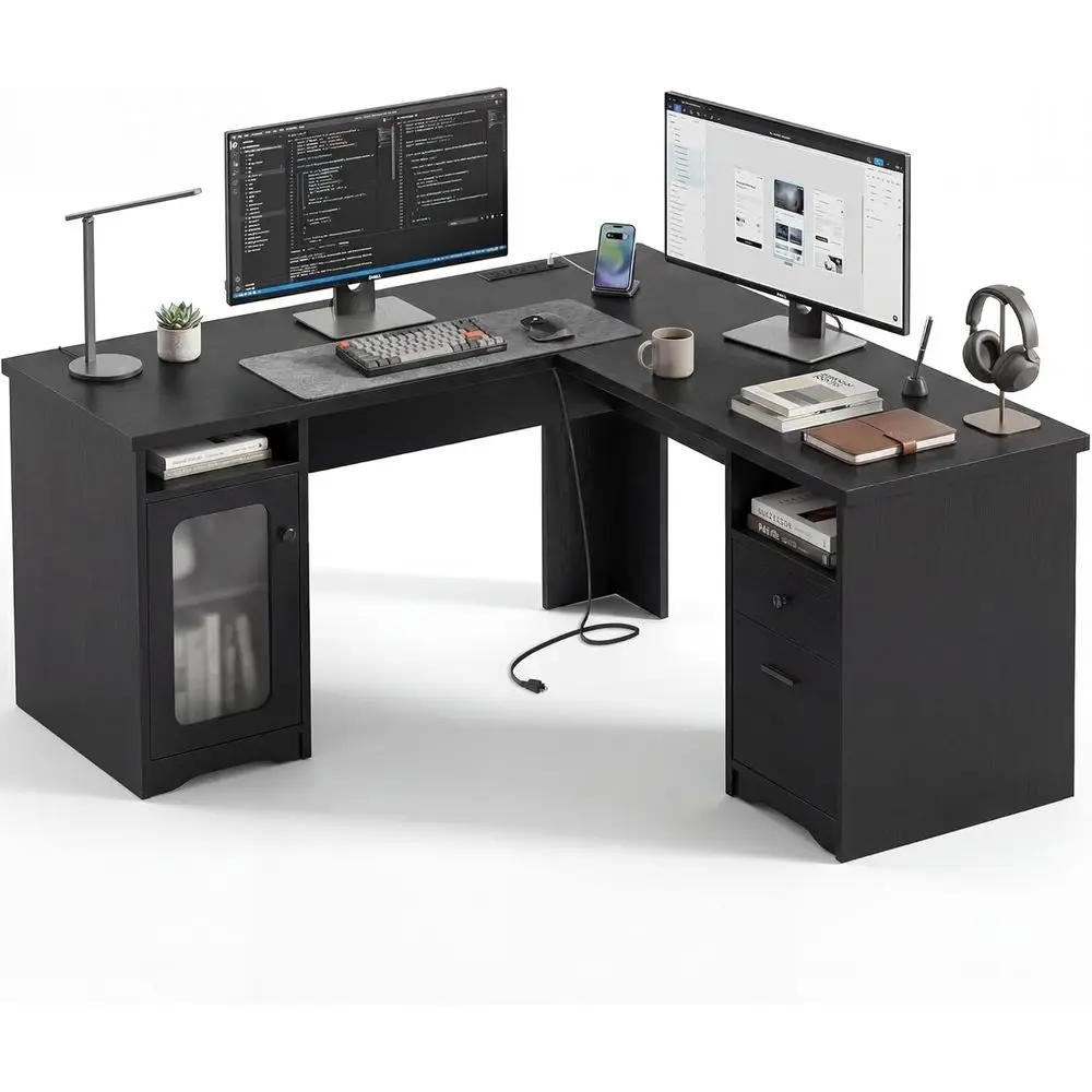 

59 L-Shaped Desk with Dual Desks, USB Charging & Power Outlet, Large 2-Person Office Table with File Cabinet, Black